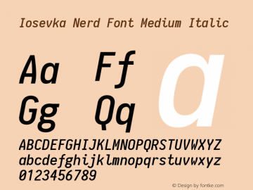Iosevka Medium Italic Nerd Font Complete 1.8.4; ttfautohint (v1.5) Font Sample