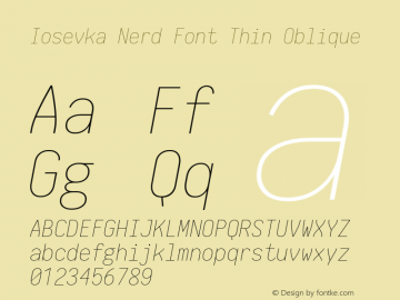 Iosevka Thin Oblique Nerd Font Complete 1.8.4; ttfautohint (v1.5) Font Sample