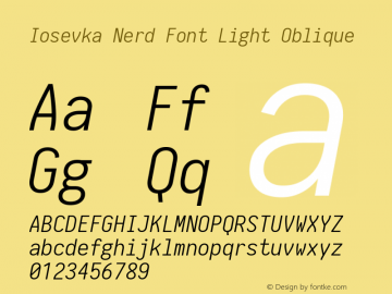 Iosevka Light Oblique Nerd Font Complete 1.8.4; ttfautohint (v1.5) Font Sample