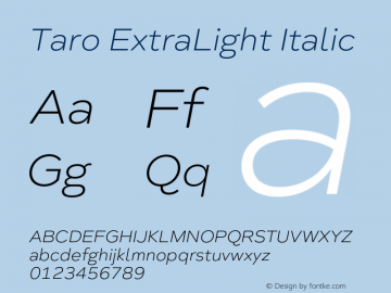 Taro ExtraLight Italic Version 1.000;PS 001.000;hotconv 1.0.88;makeotf.lib2.5.64775 Font Sample