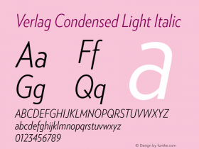 VerlagCondensed-LightItalic Version 1.210 Font Sample