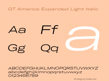 GT America Expanded Light Italic Version 4.001;PS 004.001;hotconv 1.0.88;makeotf.lib2.5.64775 Font Sample