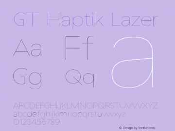 GT Haptik Lazer Version 3.001;PS 003.001;hotconv 1.0.88;makeotf.lib2.5.64775 Font Sample