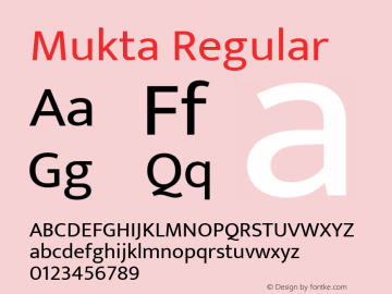 Mukta Regular Version 2.538;PS 1.001;hotconv 16.6.51;makeotf.lib2.5.65220; ttfautohint (v1.6) Font Sample