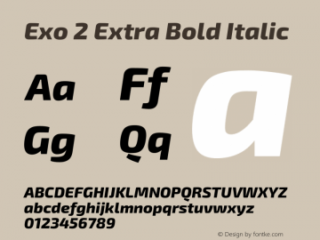 Exo 2 Extra Bold Italic Version 1.001;PS 001.001;hotconv 1.0.70;makeotf.lib2.5.58329; ttfautohint (v0.92) -l 8 -r 50 -G 200 -x 14 -w 