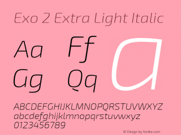 Exo 2 Extra Light Italic Version 1.001;PS 001.001;hotconv 1.0.70;makeotf.lib2.5.58329; ttfautohint (v0.92) -l 8 -r 50 -G 200 -x 14 -w 