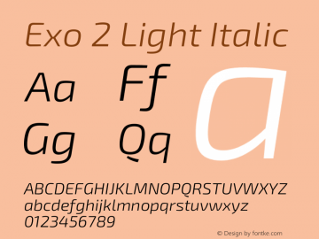 Exo 2 Light Italic Version 1.001;PS 001.001;hotconv 1.0.70;makeotf.lib2.5.58329; ttfautohint (v0.92) -l 8 -r 50 -G 200 -x 14 -w 