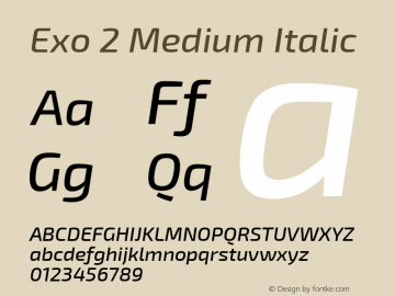Exo 2 Medium Italic Version 1.001;PS 001.001;hotconv 1.0.70;makeotf.lib2.5.58329; ttfautohint (v0.92) -l 8 -r 50 -G 200 -x 14 -w 