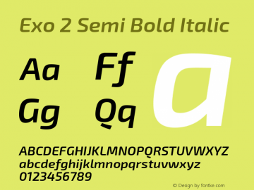 Exo 2 Semi Bold Italic Version 1.001;PS 001.001;hotconv 1.0.70;makeotf.lib2.5.58329; ttfautohint (v0.92) -l 8 -r 50 -G 200 -x 14 -w 