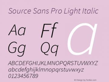 Source Sans Pro Light Italic Version 1.050;PS Version 1.000;hotconv 1.0.70;makeotf.lib2.5.5900 Font Sample