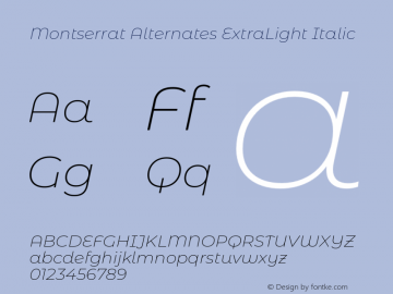 Montserrat Alternates ExtraLight Italic Version 7.200;PS 007.200;hotconv 1.0.88;makeotf.lib2.5.64775 Font Sample