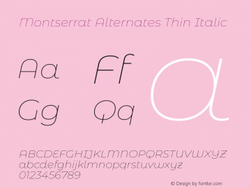 Montserrat Alternates Thin Italic Version 7.200;PS 007.200;hotconv 1.0.88;makeotf.lib2.5.64775图片样张