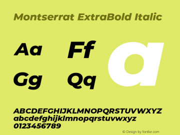 Montserrat ExtraBold Italic Version 7.200;PS 007.200;hotconv 1.0.88;makeotf.lib2.5.64775 Font Sample