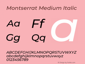 Montserrat Medium Italic Version 7.200;PS 007.200;hotconv 1.0.88;makeotf.lib2.5.64775 Font Sample
