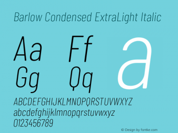 Barlow Condensed ExtraLight Italic Version 1.104;PS 001.104;hotconv 1.0.88;makeotf.lib2.5.64775 Font Sample