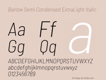 Barlow Semi Condensed ExtraLight Italic Version 1.104;PS 001.104;hotconv 1.0.88;makeotf.lib2.5.64775 Font Sample