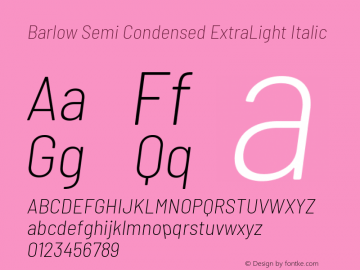 Barlow Semi Condensed ExtraLight Italic Version 1.104 Font Sample