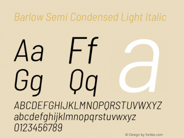Barlow Semi Condensed Light Italic Version 1.104;PS 001.104;hotconv 1.0.88;makeotf.lib2.5.64775 Font Sample