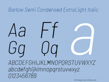 Barlow Semi Condensed ExtraLight Italic Version 1.106;PS 001.106;hotconv 1.0.88;makeotf.lib2.5.64775 Font Sample