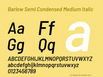 Barlow Semi Condensed Medium Italic Version 1.106 Font Sample