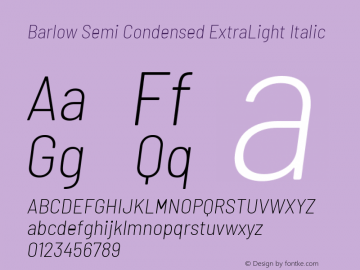 Barlow Semi Condensed ExtraLight Italic Version 1.107 Font Sample