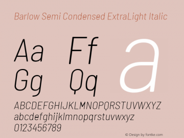 Barlow Semi Condensed ExtraLight Italic Version 1.107 Font Sample