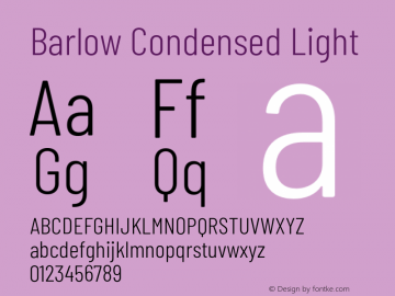 Barlow Condensed Light Version 1.200;PS 001.200;hotconv 1.0.88;makeotf.lib2.5.64775 Font Sample