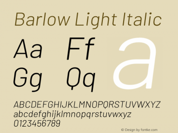Barlow Light Italic Version 1.200;PS 001.200;hotconv 1.0.88;makeotf.lib2.5.64775图片样张