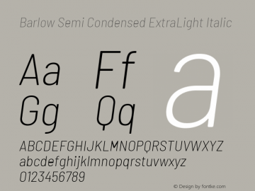 Barlow Semi Condensed ExtraLight Italic Version 1.200 Font Sample