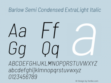 Barlow Semi Condensed ExtraLight Italic Version 1.201 Font Sample