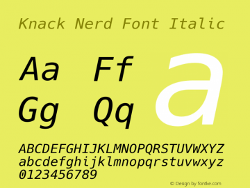 Knack Italic Nerd Font Complete Version 2.020; ttfautohint (v1.5) -l 4 -r 80 -G 350 -x 0 -H 145 -D latn -f latn -m 
