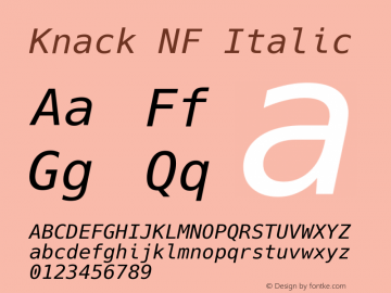 Knack Italic Nerd Font Complete Windows Compatible Version 2.020; ttfautohint (v1.5) -l 4 -r 80 -G 350 -x 0 -H 145 -D latn -f latn -m 