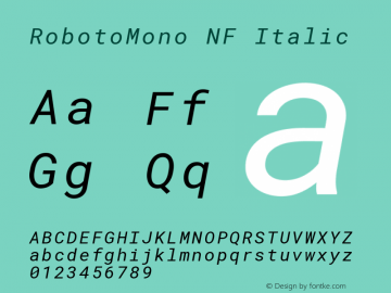 Roboto Mono Italic Nerd Font Complete Mono Windows Compatible Version 2.000986; 2015; ttfautohint (v1.3)图片样张