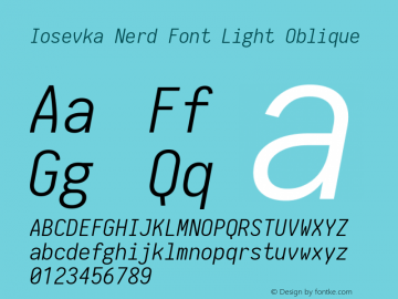 Iosevka Light Oblique Nerd Font Complete 1.8.4; ttfautohint (v1.5) Font Sample