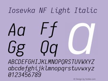 Iosevka Light Italic Nerd Font Complete Mono Windows Compatible 1.8.4; ttfautohint (v1.5) Font Sample