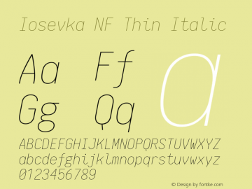 Iosevka Thin Italic Nerd Font Complete Mono Windows Compatible 1.8.4; ttfautohint (v1.5) Font Sample