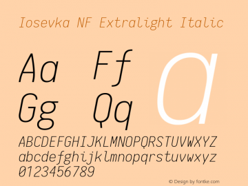 Iosevka Extralight Italic Nerd Font Complete Mono Windows Compatible 1.8.4; ttfautohint (v1.5) Font Sample