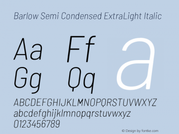 Barlow Semi Condensed ExtraLight Italic Version 1.202;PS 001.202;hotconv 1.0.88;makeotf.lib2.5.64775 Font Sample