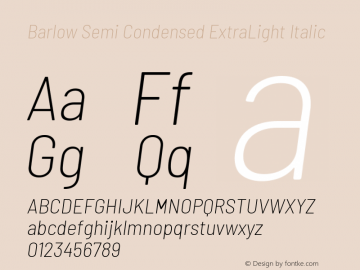 Barlow Semi Condensed ExtraLight Italic Version 1.202 Font Sample