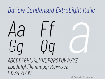 Barlow Condensed ExtraLight Italic Version 1.203;PS 001.203;hotconv 1.0.88;makeotf.lib2.5.64775 Font Sample