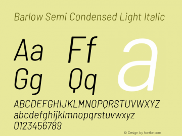 Barlow Semi Condensed Light Italic Version 1.203;PS 001.203;hotconv 1.0.88;makeotf.lib2.5.64775 Font Sample