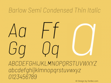 Barlow Semi Condensed Thin Italic Version 1.204 Font Sample