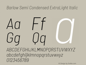 Barlow Semi Condensed ExtraLight Italic Version 1.207 Font Sample