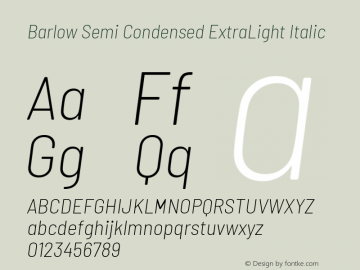 Barlow Semi Condensed ExtraLight Italic Version 1.207 Font Sample