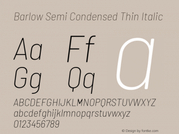 Barlow Semi Condensed Thin Italic Version 1.207 Font Sample