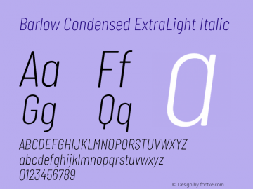 Barlow Condensed ExtraLight Italic Version 1.208;PS 001.208;hotconv 1.0.88;makeotf.lib2.5.64775 Font Sample