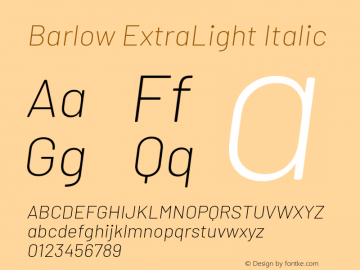 Barlow ExtraLight Italic Version 1.208 Font Sample