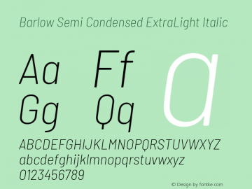 Barlow Semi Condensed ExtraLight Italic Version 1.208 Font Sample