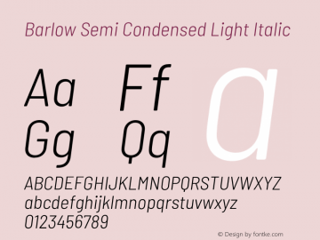 Barlow Semi Condensed Light Italic Version 1.208;PS 001.208;hotconv 1.0.88;makeotf.lib2.5.64775 Font Sample