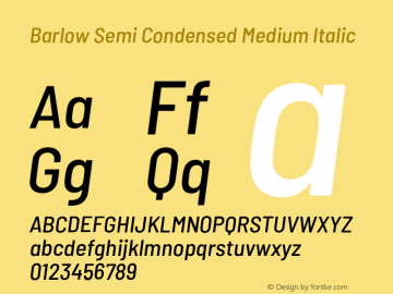 Barlow Semi Condensed Medium Italic Version 1.208;PS 001.208;hotconv 1.0.88;makeotf.lib2.5.64775 Font Sample